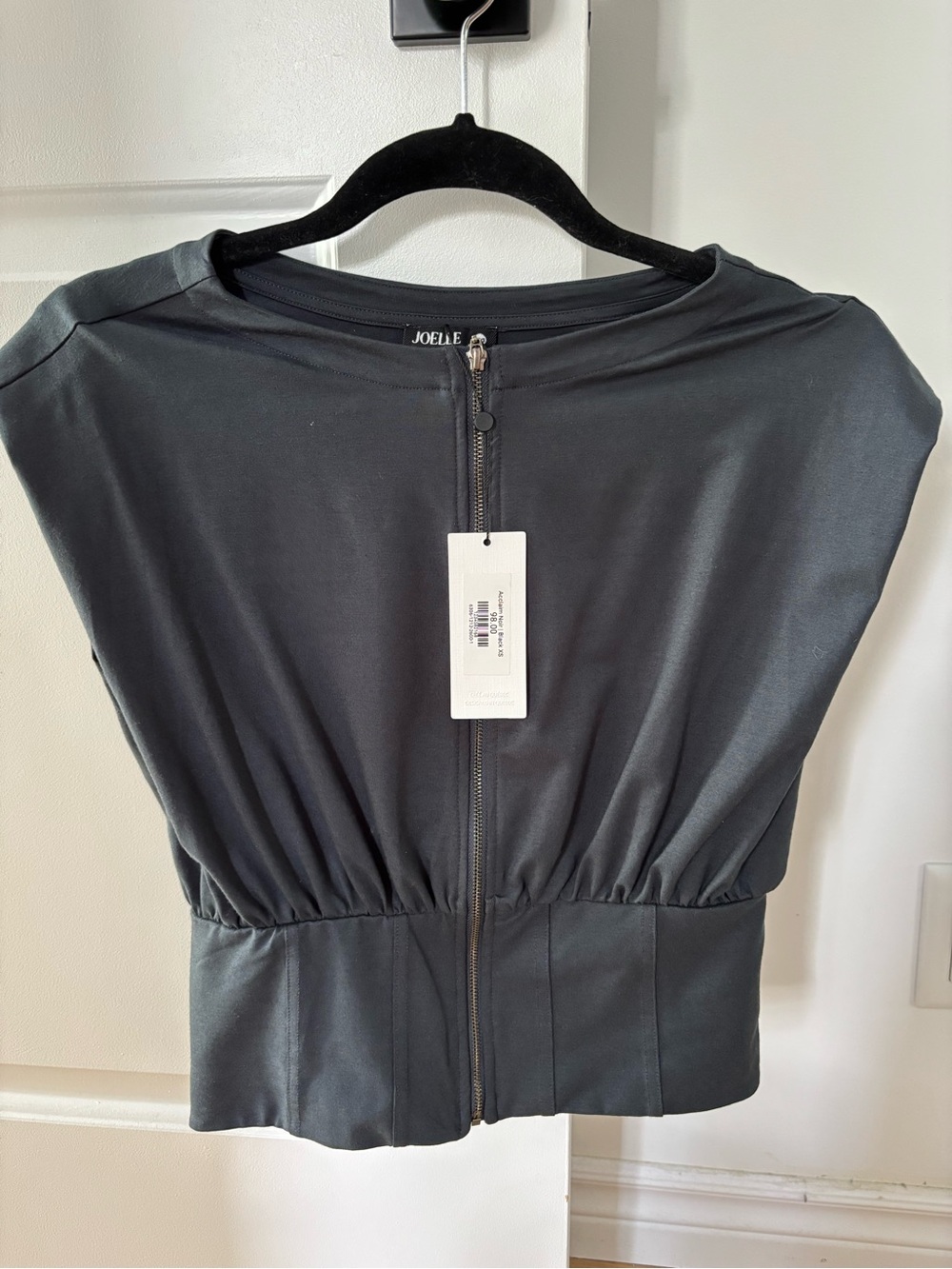 Elle Black Short-Sleeve Zip Front Top with Gathered Waist